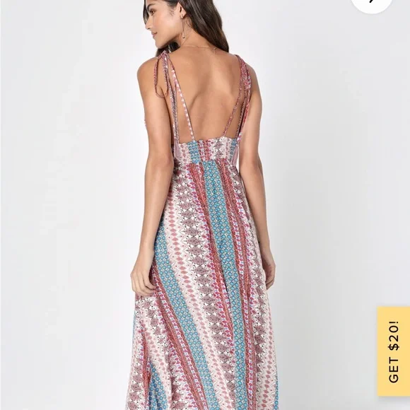 Maxin and Relaxin blue multi print sleeveless tie strap maxi dress. - Picture 3 of 15